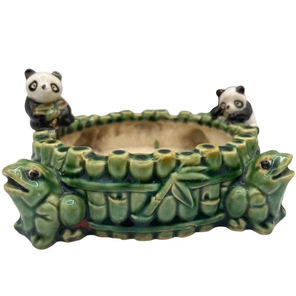 Vtg‎ Ceramic FF Fisherman Fortune Panda Frog Bamboo Planter Mid century Majolica